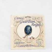 Guardian Angel Cameo Brooch Pin 1&quot; Religious Blue Gold Tone Children Swanson - £9.51 GBP
