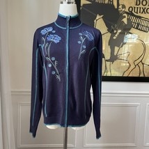 Cabela&#39;s Purple Blue Knit Embroidered Floral Zip Up Sweater S Merino Woo... - $535.68 MXN
