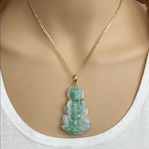 14K Solid Real Yellow Gold Natural Jadeite Jade Kwan Yin Lady Buddha Pendant 702 - £789.81 GBP