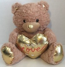 Animal Adventure Teddy Bear Tan brown gold heart &quot;All you need is love&quot; plush - $14.84