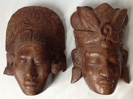 Pair Indonesian Pottery Head Mask Wall Hangings Man Woman Ornate Headdre... - £23.94 GBP