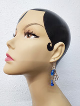 Silver skeleton hand blue bead charm earrings long dangles goth punk handmade  - £5.58 GBP