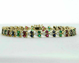 11.65CT Round Cut Ruby Sapphire Emerald Tennis Bracelet 14K Yellow Gold Finish - £133.40 GBP