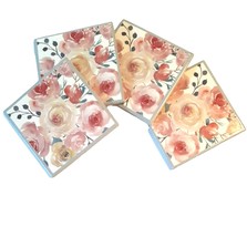 Pink and Yellow Rose Floral Themed Ceramic Coasters Cork Backs - $18.69