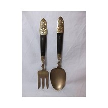 Vtg Siam Brass Buddha Serving Set S Thailand Fork Spoon Twisted Handle Wood - $27.31