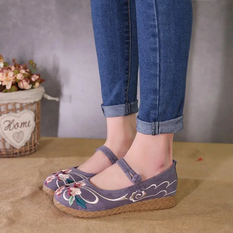 Johnature Embroider Cotton Shoes Casual  Buckle Strap Round Toe New Spring/Autum - £132.76 GBP