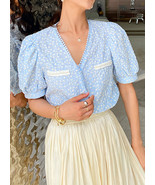 Women&#39;s Vintage Pure Crinkle Cotton Embroidered Puffy Short Sleeve Top i... - $1,008.74 MXN