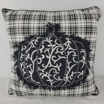 Pumpkin Pillow Black Buffalo Plaid Halloween Fall 18&quot; Square Decor Embroidered - £13.07 GBP