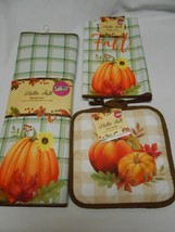 NEW Hello Fall Dish Drying Mat w/ matching towel &amp; 2 pot holders set Pum... - £7.87 GBP