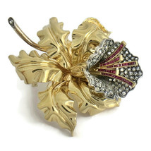 Antique Art Nouveau Diamond Ruby Flower Brooch Pin 18K Yellow Gold, 38.1... - £4,781.06 GBP