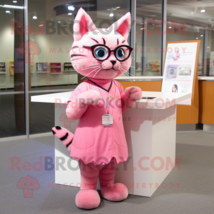 Pink Cat mascot costume character dressed with a Maxi Skirt and Reading glasses - £1,001.37 GBP