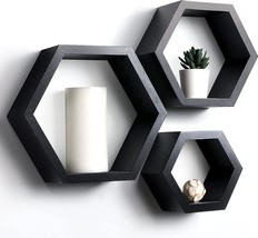 Set Of 3 Pine Wood Hexagon Shelves For Wall Decor - Farmhouse Honeycomb Shelves - £35.58 GBP