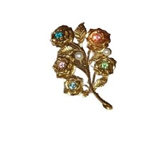 Vintage Gold Tone Pastel Rhinestone Pearl Rose Flower Bouquet Brooch Pin - £9.58 GBP