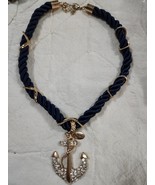 Vintage Gold Tone Clear Crystal Rhinestone Anchor Navy Cord Pendant Neck... - $26.50