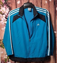 Adidas Women&#39;s Size L Full Zip Windbreaker Blue &amp; Black Long Sleeve Soli... - £11.98 GBP