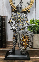 Medieval Swordsman Knight Of Lyon Figurine 8.5&quot;H Suit of Armor Coat Of Arms Lion - £29.09 GBP