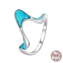 100% Real 925 Sterling Silver Blue Wave Ring For Women Simple Fashion Ocean Ring - £21.76 GBP