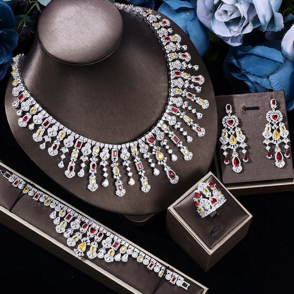 Luxury 4PCS Multicolor Women Bridal Necklace Earring Set CZ Dubai Nigeria Weddin - £234.10 GBP