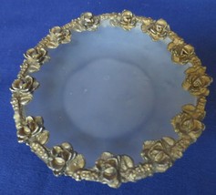 Vintage trinket dish, brass roses on Frosted glass. - £11.99 GBP