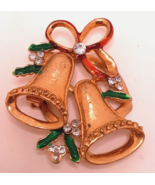 Jingle Bells Christmas Holiday Fur Clip Gold Tone Rhinestone Vintage - £23.22 GBP