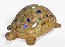 Vintage Hand Carved Wooden Turtle W/ Colored Glass Decor Figure Statue - £30.82 GBP