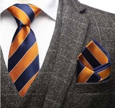 Blue &amp; Orange Striped Necktie &amp; Handkerchief  - £15.97 GBP