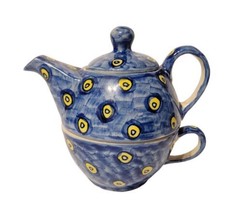 Turkish Evil Eye Single Serve Stackable Tea Pot and Cup Handpainted DISP... - $14.99