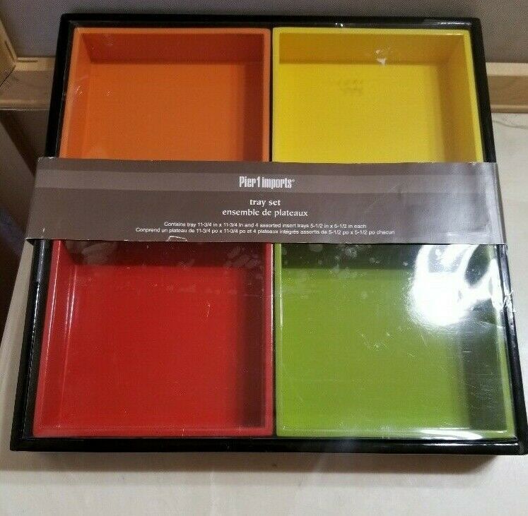 Pier 1 Imports Ceramic Square Trays Red Orange Yellow Green w/ Black Tray Holder - $19.99