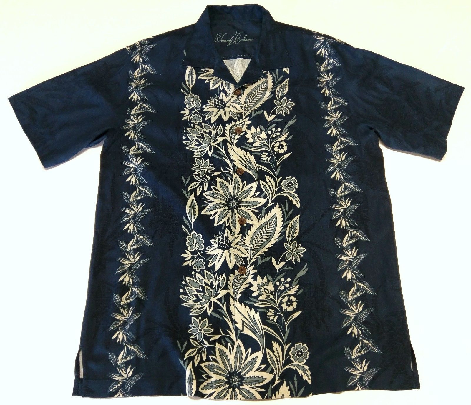 Tommy Bahama Navy Blue Tropical Flowers Floral Mens Hawaiian Shirt XL or L ? - £18.19 GBP