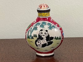 Superb Antique Chinese Metal Painted Enamel Multi-color Panda Bears Snuff Bottle - £116.38 GBP