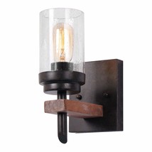 Rustic Wood Wall Sconce With Seeded Glass Shade, Vintage Industrial Hardwire Bat - £60.88 GBP