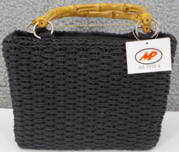 MAP TOTE PURSE HAND-BAG BLACK WOVEN ROPE BAMBOO HANDLES ZIPPER INSIDE PO... - £14.55 GBP