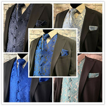 Men&#39;s Paisley Design Tuxedo Suit Dress Vest Necktie Set Wedding Prom Formal Blue - £21.62 GBP+