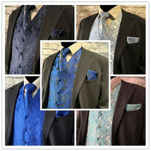 Men&#39;s Paisley Design Tuxedo Suit Dress Vest Necktie Set Wedding Prom Formal Blue - £22.42 GBP+