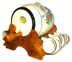 1960s Porcelain German Schnapps Barrel, Wooden Stand &amp; 6 Ceramic Shot Gl... - $49.95