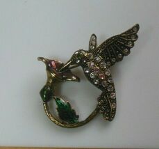Vintage Humming Bird Brooch Enamel Flower/Leaf, Rhinestones - $13.85