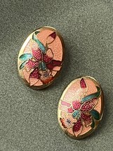 CJ Signed Large Peach &amp; Pink Enamel Orchid Flower Oval Cloisonne Goldtone Post - £10.46 GBP