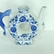 Porcelain Donut Shaped Teapot Blue &amp; White Decorative Made in China No Lid - $34.64