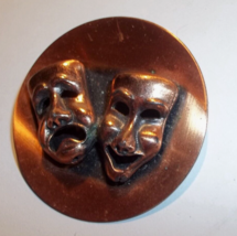 Vintage Round Copper Pin Brooch Comedy and Tragedy Masks - £4.48 GBP