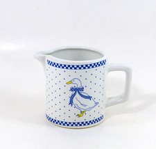 White Ceramic Creamer With Goose wearing a Blue Gingham Bow Vintage - $11.99