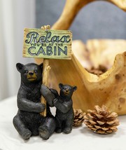 Ebros Rustic Black Bear With Cub Holding Sign Relax You&#39;re At The Cabin Statue - £20.77 GBP