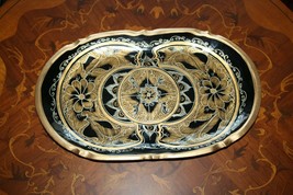 Vintage Hand Painted Black and Gold Serving Wooden Tray Flowers Rustic Folk Art - £62.86 GBP