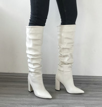 Black Beige White Slouchy Boots Women Chunky Heel Knee High Boots Women Pointed  - £99.91 GBP