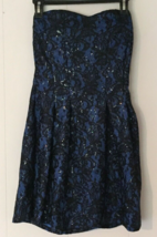 Charlotte Russe dress size M sweetheart neckline black lace over blue zi... - $14.11