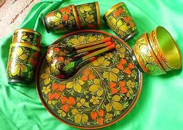 Old Ussr Russian Folk Art Khokhloma Hand Painted Wooden Set Soviet Cutlery - £158.07 GBP