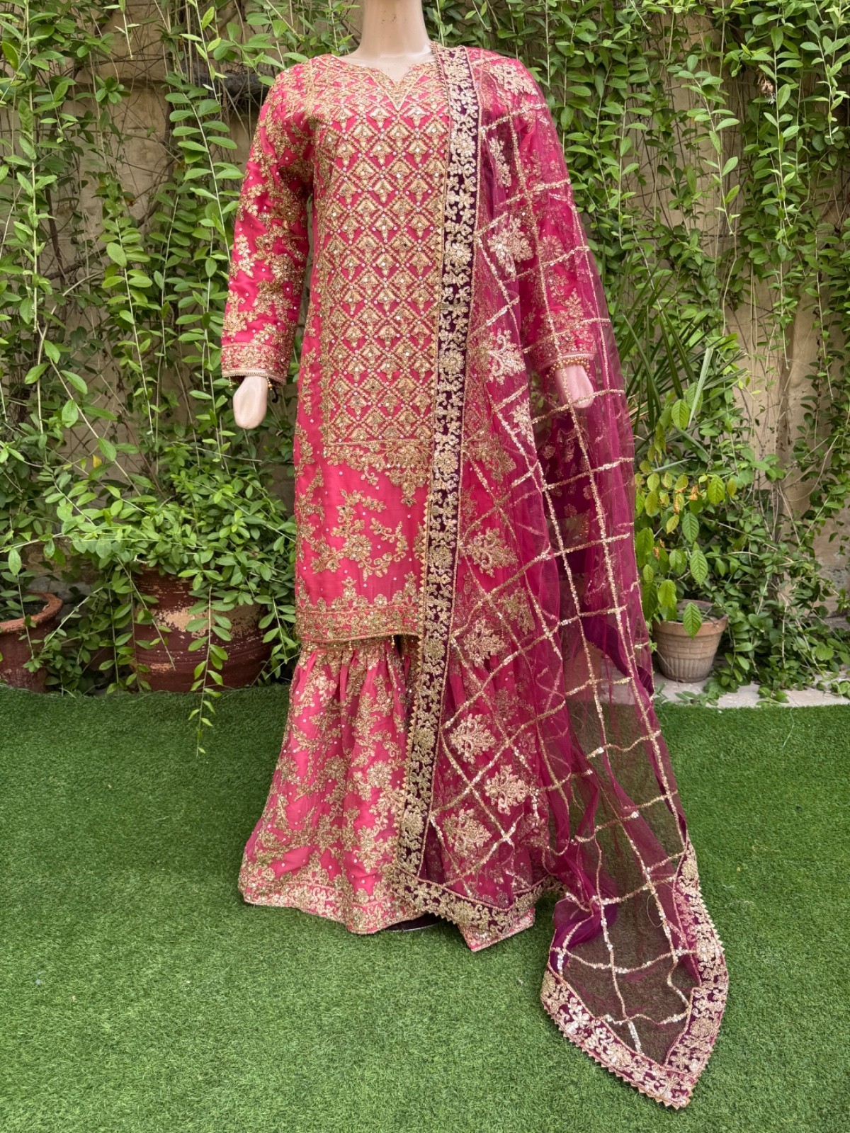 Pakistani Coral Pink Straight Style Embroidered Sequins Chiffon Gharara Dress,M Item image 2