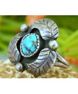 Vintage Native American Leaf Ring Sterling Turquoise Signed Woman  - £40.05 GBP