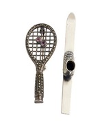 VINTAGE STERLING SILVER SPORTS EQUIPMENT BROOCHES: TENNIS RACKET W. GEMS... - $93.55