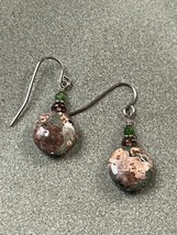 Small Green &amp; Cranberry Tiny Plastic Beads w Round Stone Dangle Earrings for Pie - £10.46 GBP