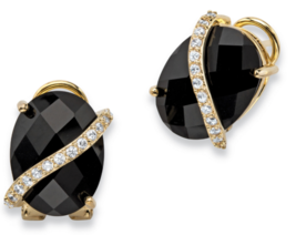 Oval Checkerboard Cut Genuine Black Onyx And Cz Gp Earrings 14K Gold - £79.07 GBP